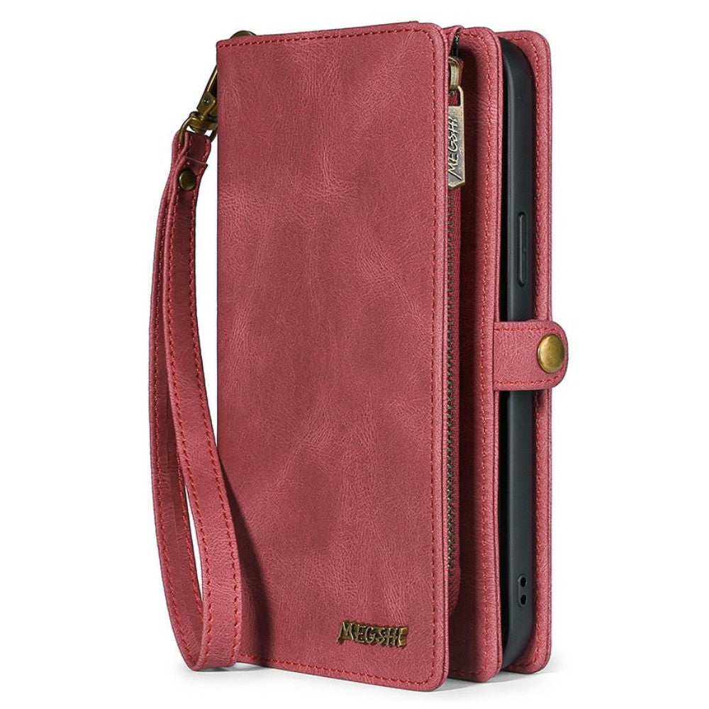 Eine rote Leder-Wallet-Handyhülle mit Handschlaufe und Reißverschluss.