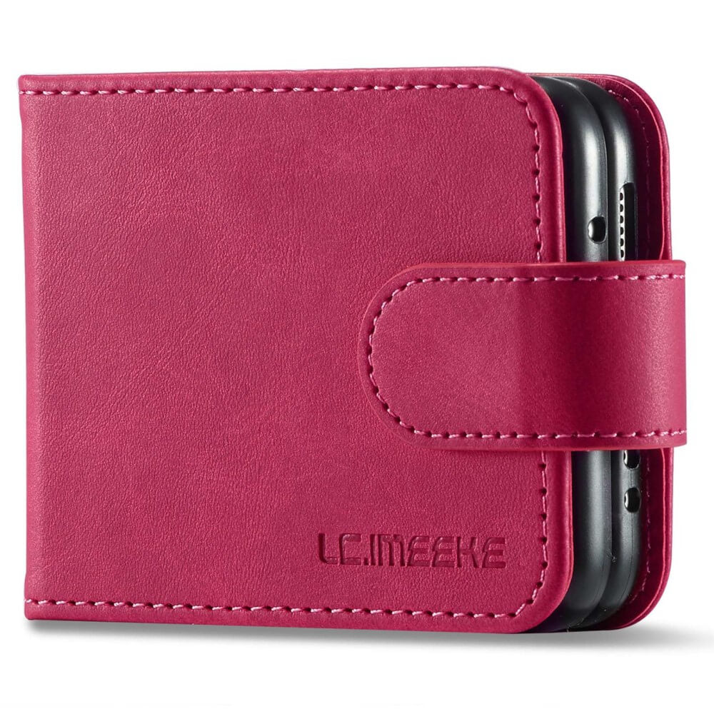 Ein pinkfarbenes Leder-Flip-Case für ein Smartphone mit weißer Naht.