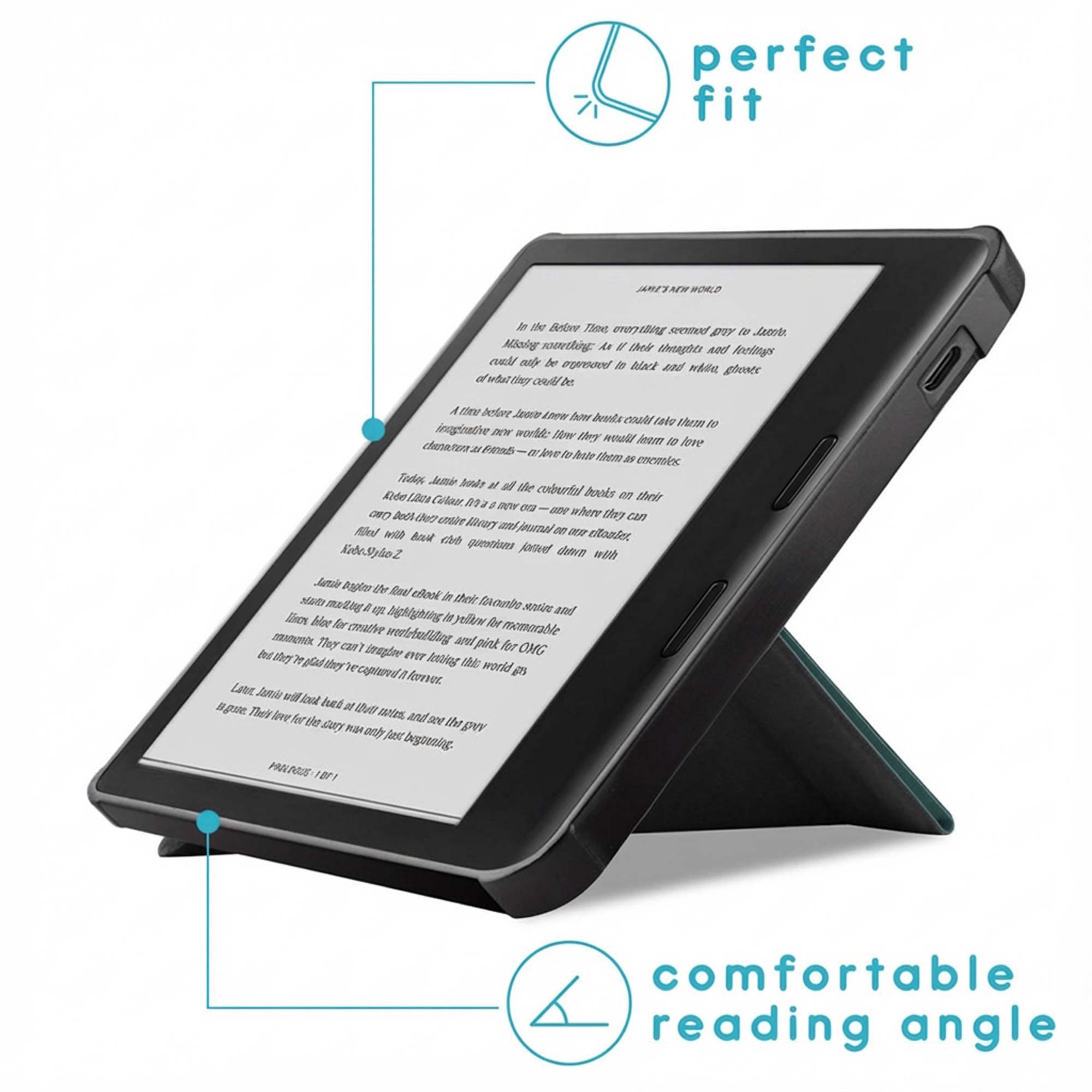 Een e-reader in een zwarte hoes met standaard, gepositioneerd voor een comfortabele leeshoek.