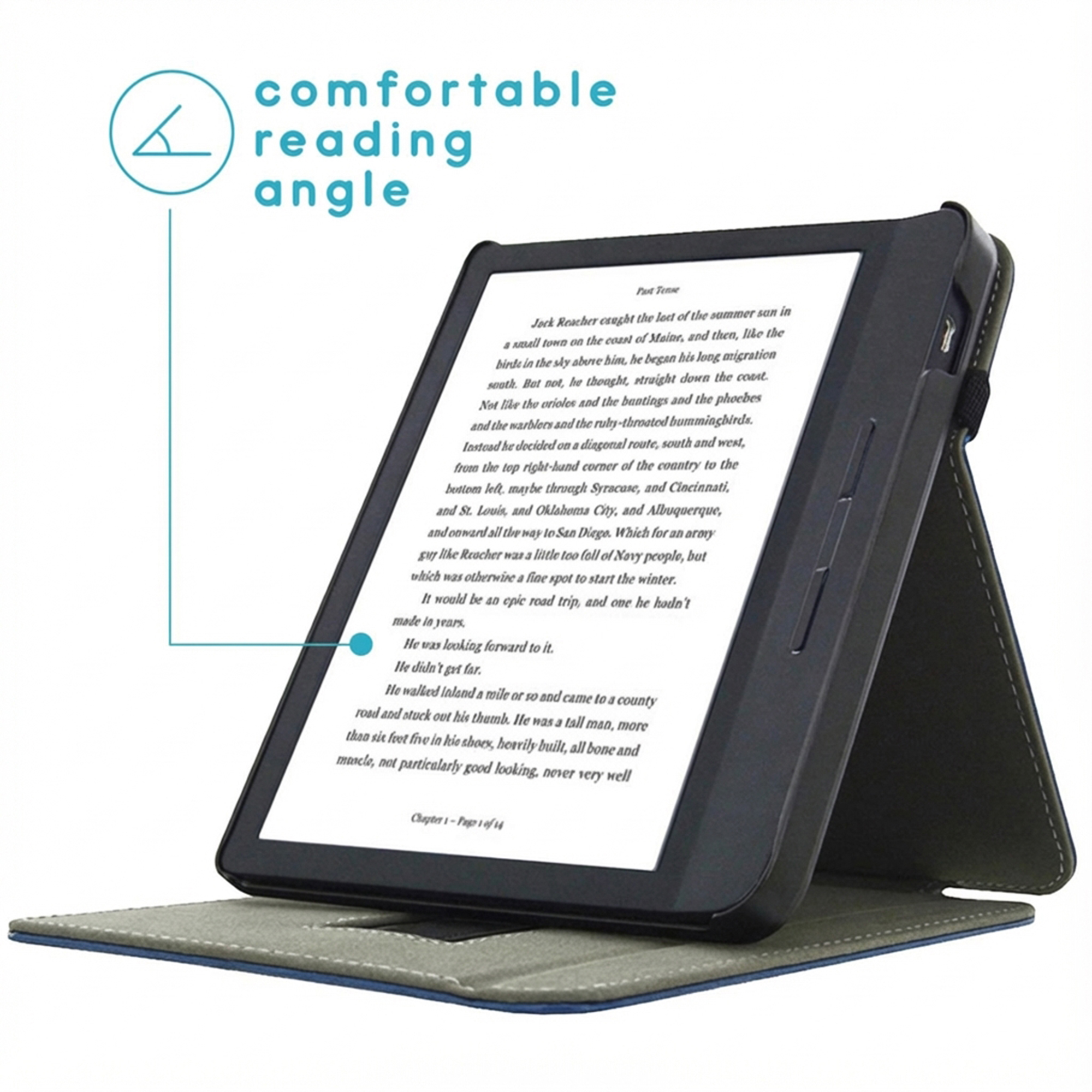 Een e-reader in een donkerblauwe hoes staat omhoog, toont een boek. Tekst overlay: 'comfortabele leeshoek'.