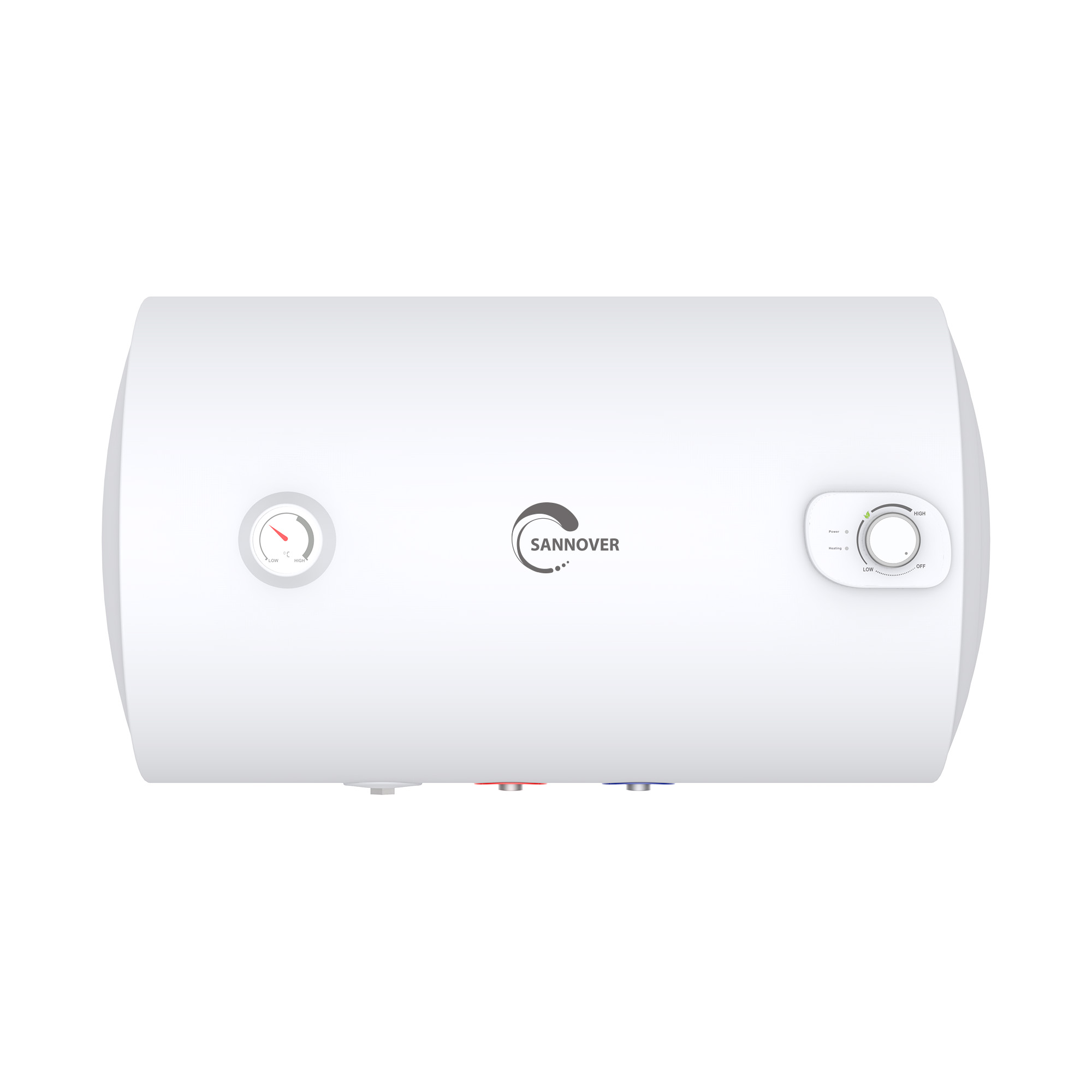 Un calentador de agua blanco con termómetro y dial de control.