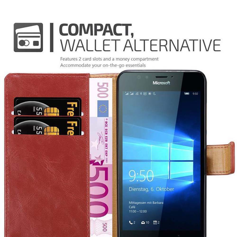 Portafoglio rosso con telefono, soldi e carte. Testo: COMPACT, WALLET ALTERNATIVE.