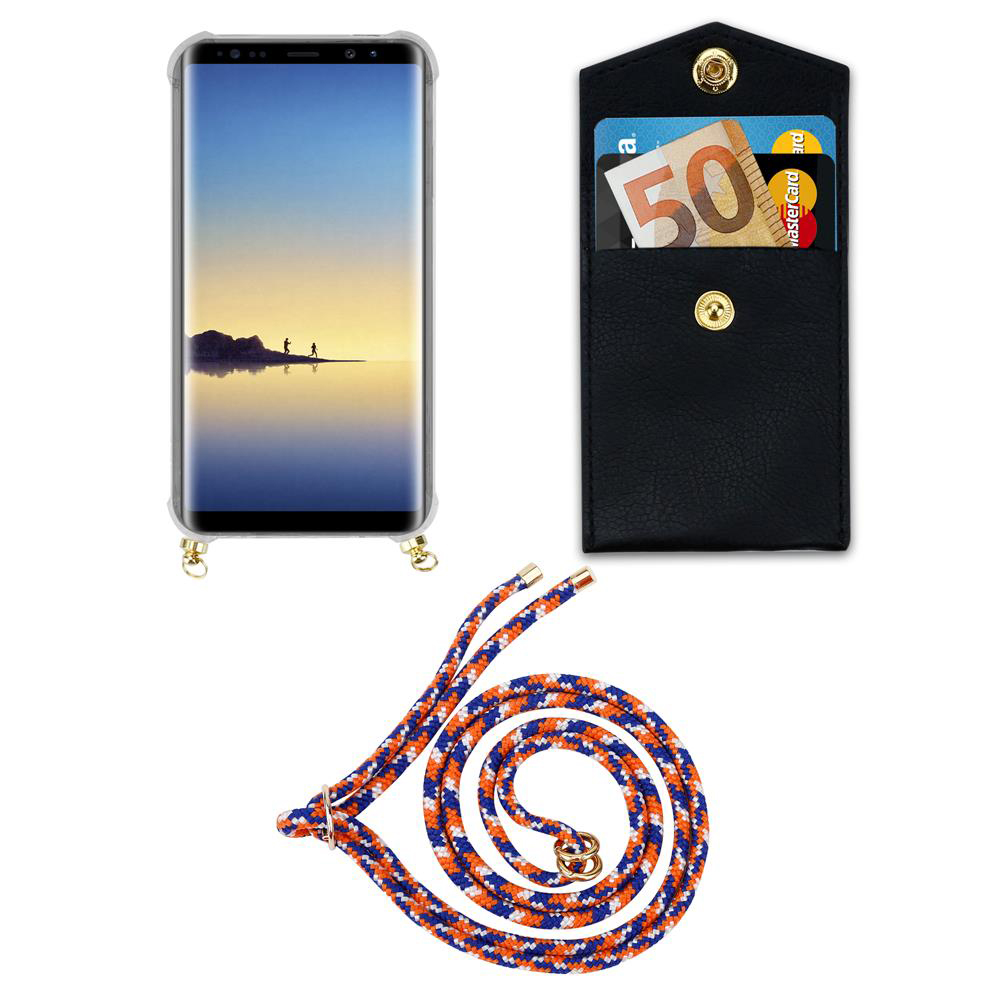 Custodia per smartphone con laccetto, portafoglio con carte e corda.