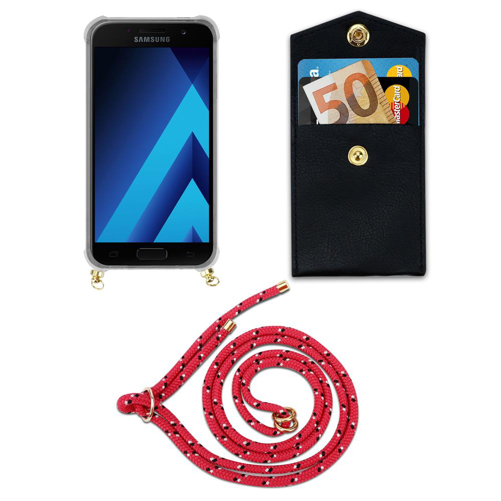 Smartphone in custodia, portafoglio nero con soldi e carte, laccetto rosso.