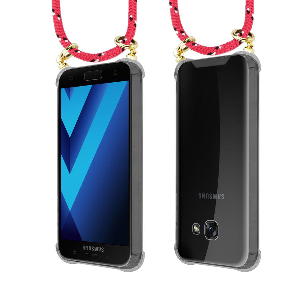 Uno smartphone con cordino rosso, viste frontale e posteriore.