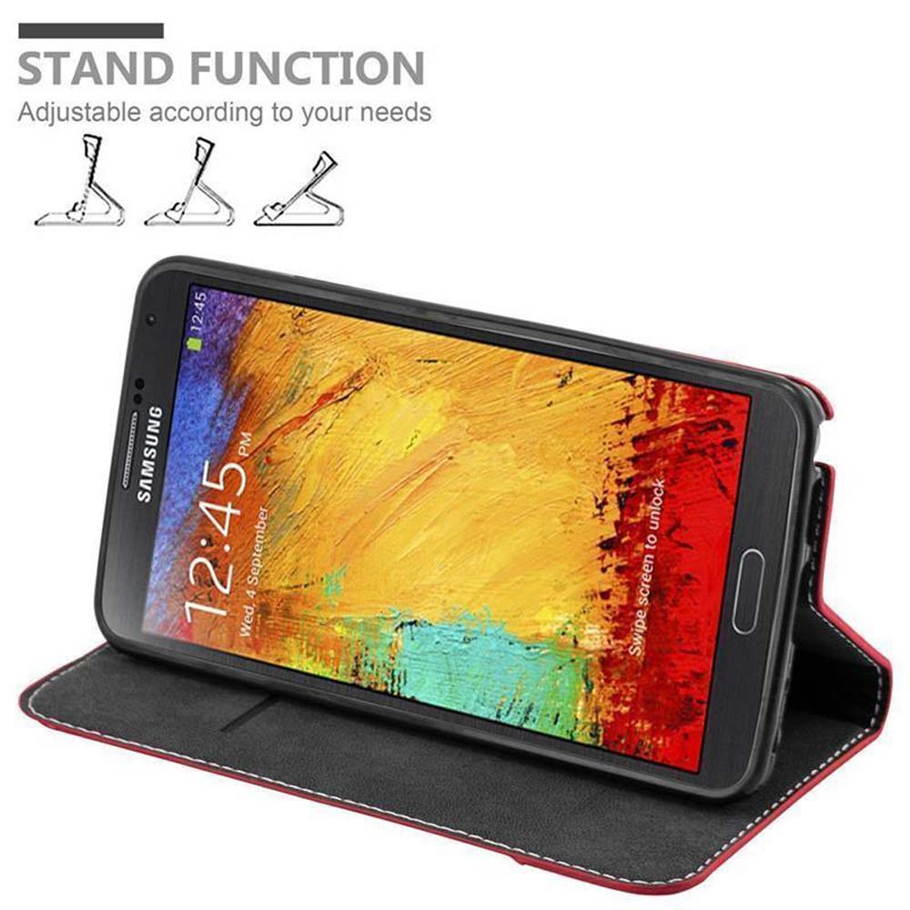 Telefono Samsung in custodia nera con supporto e bordo rosso. Schermo mostra le 12:45.