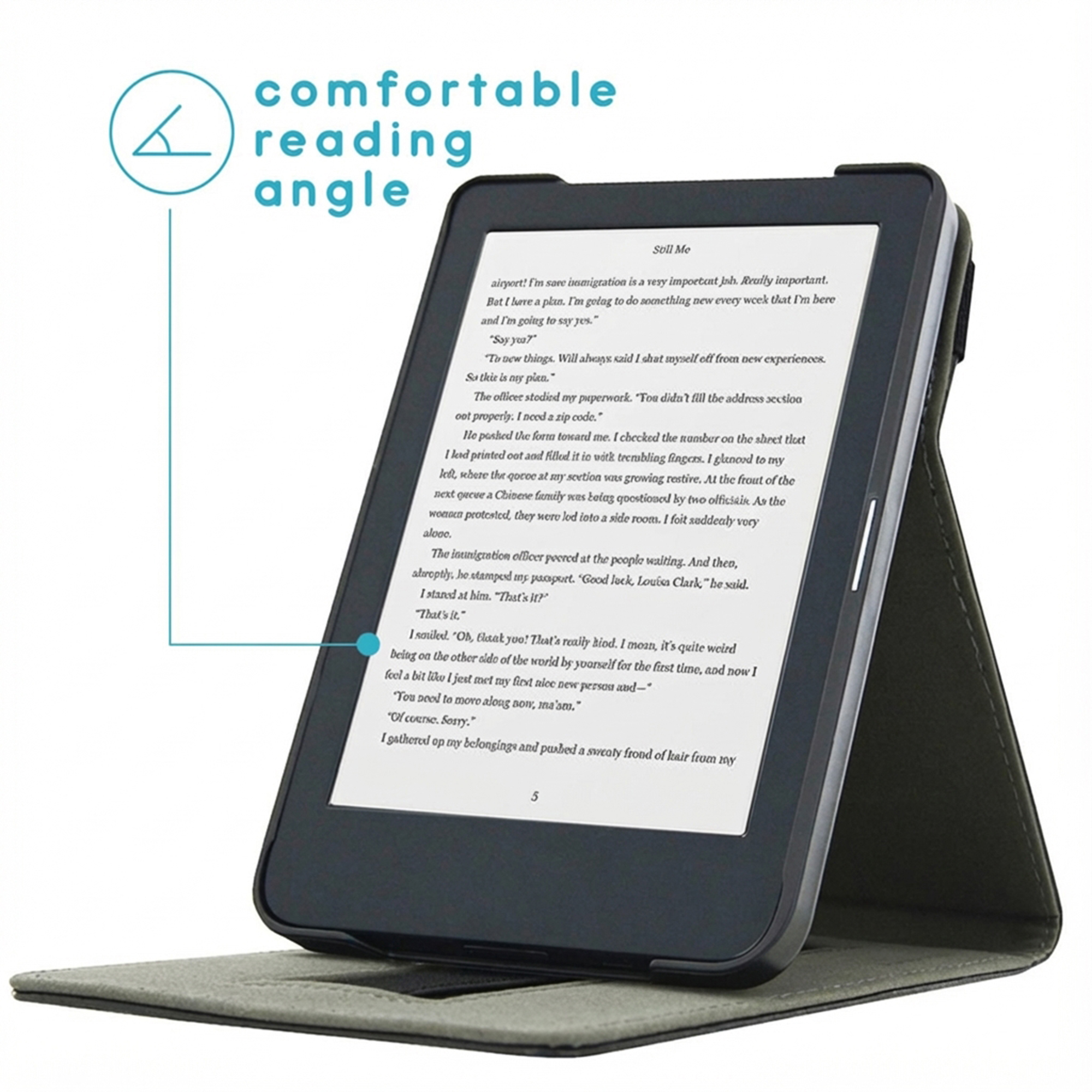Een e-reader met een groene beschermhoes, opengeklapt.
