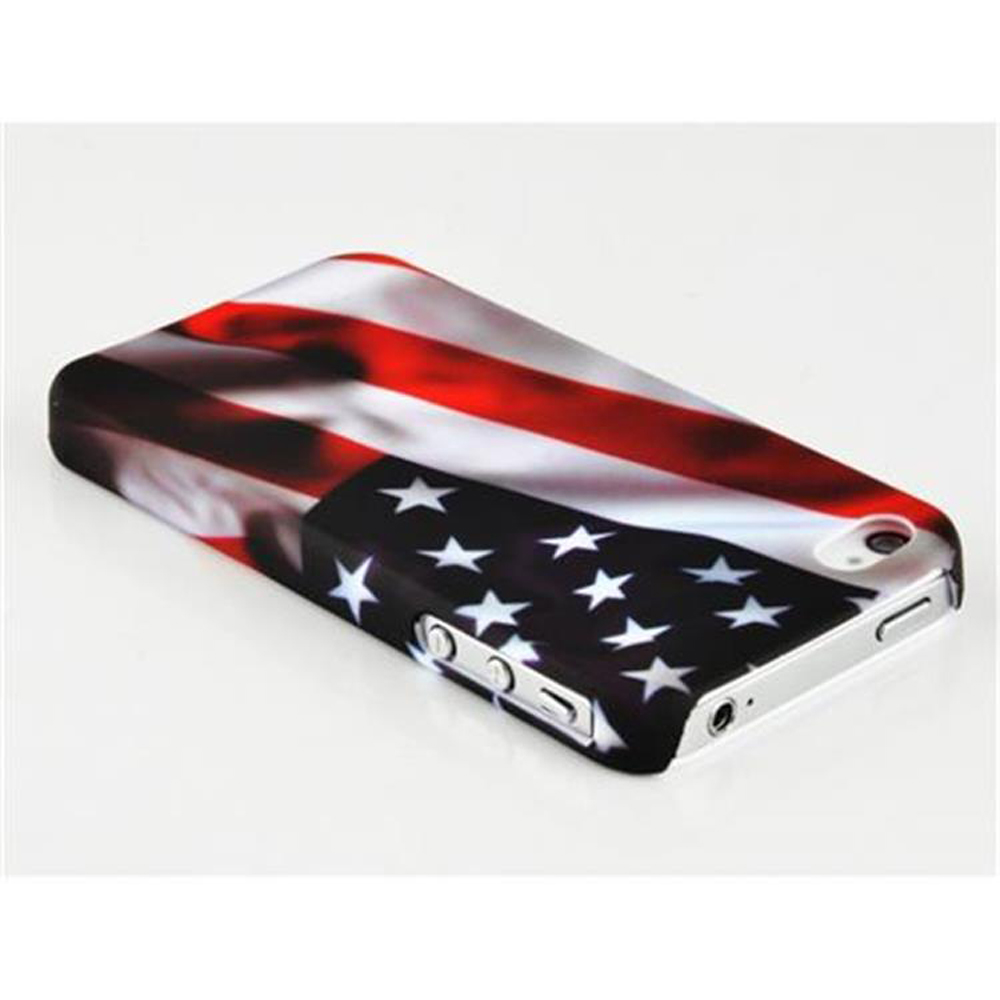 Una custodia per telefono con design a bandiera americana, strisce rosse e bianche, stelle bianche su nero.