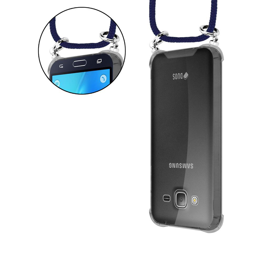 Ein durchsichtiger Handyhülle mit einem blauen Band, das an einem Samsung-Telefon befestigt ist.