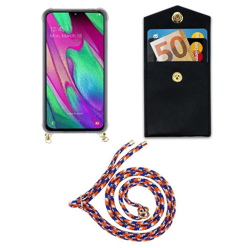 Smartphone con custodia, portafoglio con soldi e carta, cordino.