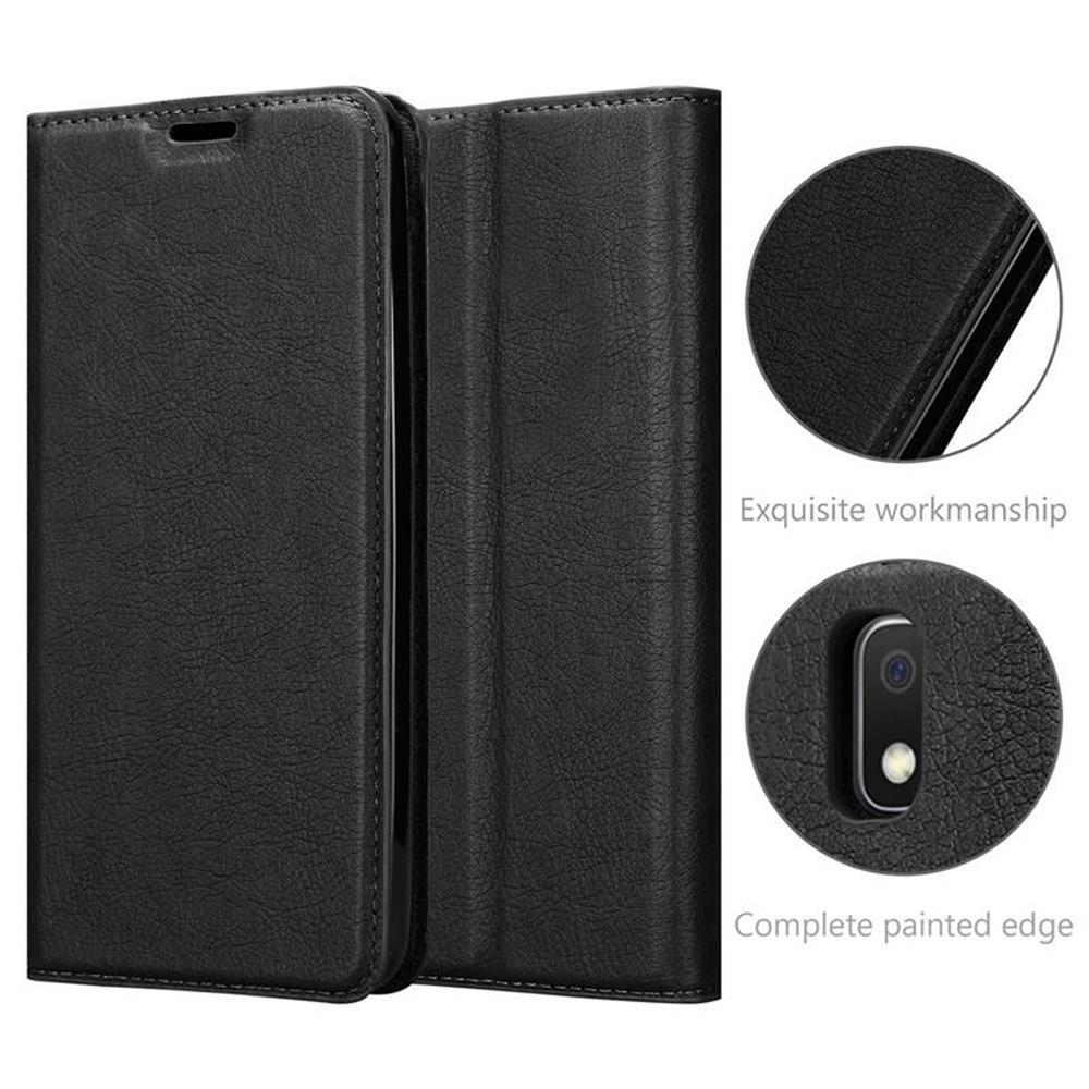 Custodia a libro nera per telefono, primi piani delle cuciture e apertura fotocamera.