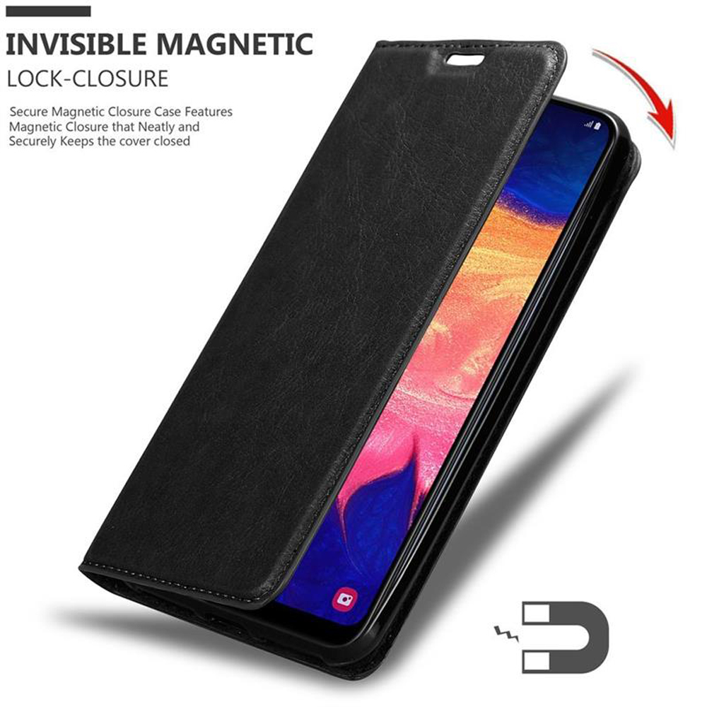 Custodia nera per telefono con chiusura magnetica, mostrata aperta e chiusa. Icona magnetica.