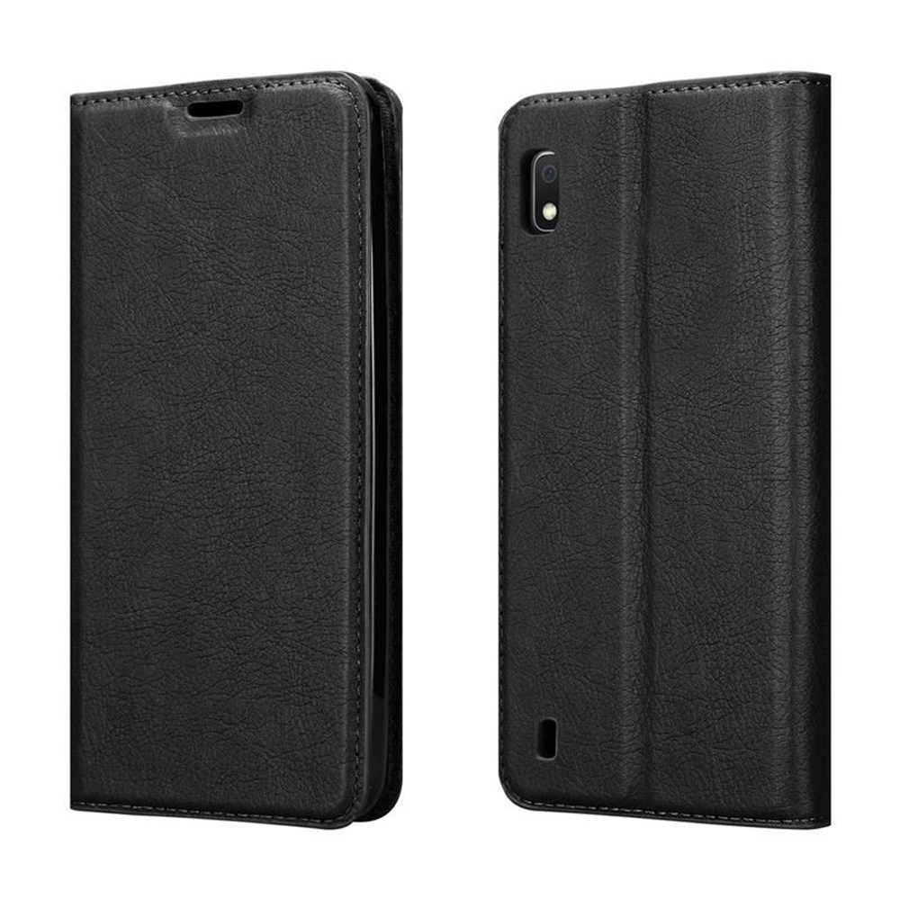 Custodia a libro in pelle nera per smartphone, chiusa e aperta.