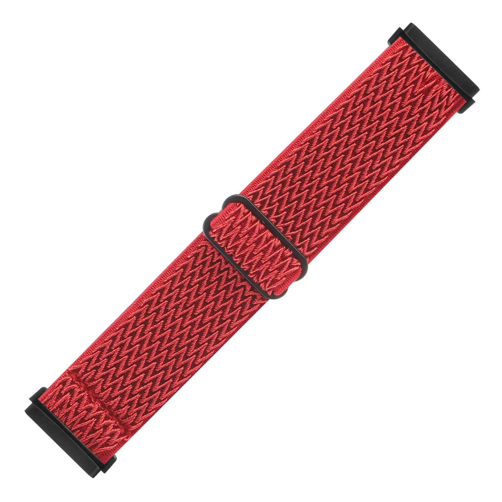 Un bracelet de montre tissé rouge avec des connecteurs noirs et une boucle noire.