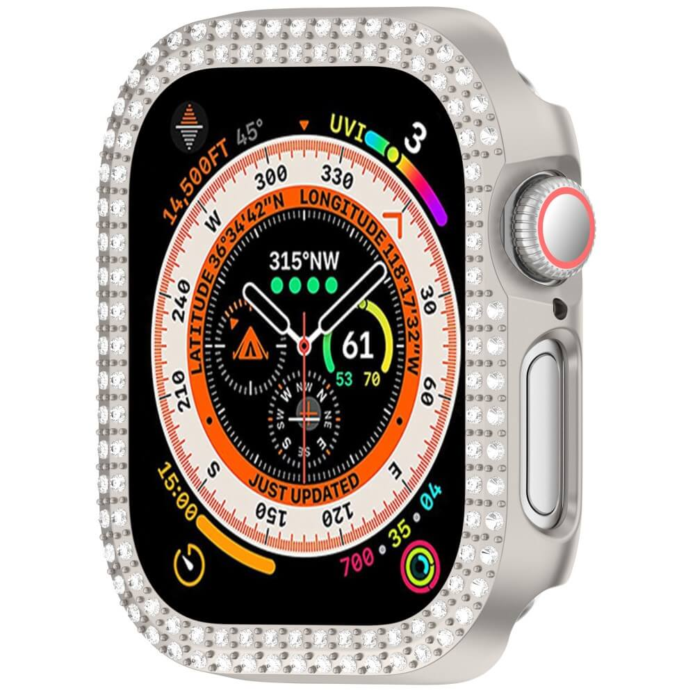 Une montre connectée argentée avec lunette incrustée de gemmes et écran numérique.