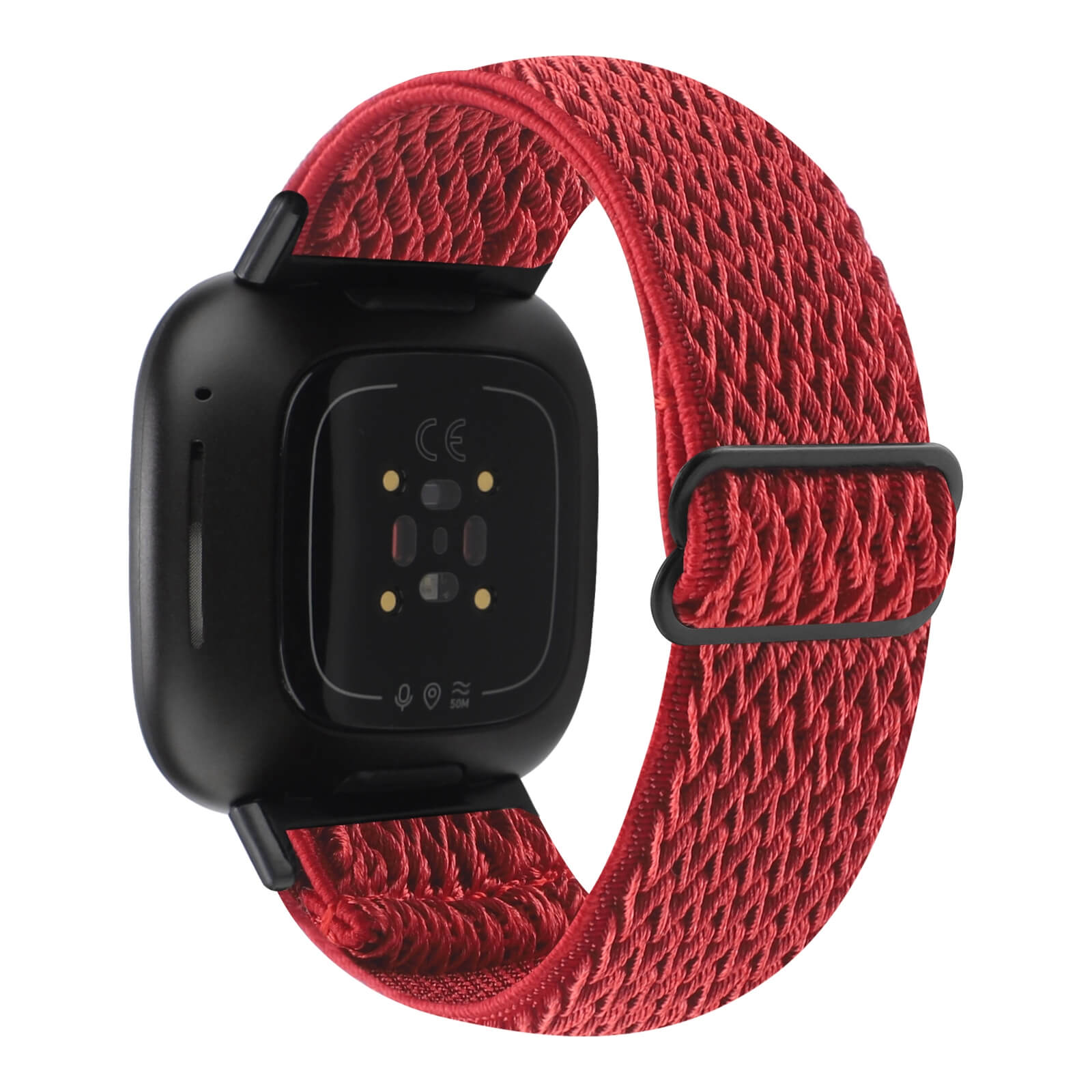 Montre connectée noire avec bracelet tissé rouge. Le dos montre des capteurs.