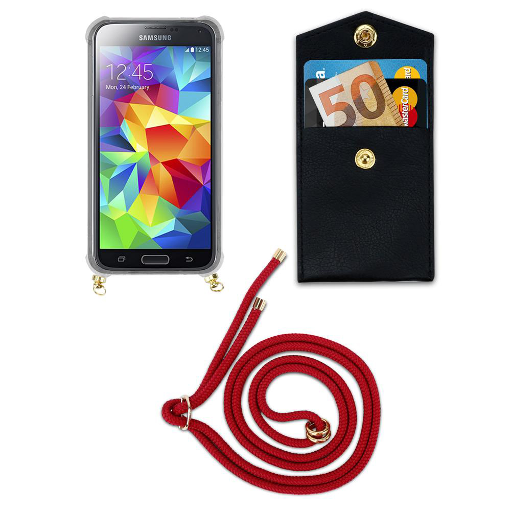 Smartphone con sfondo colorato, portafoglio nero con carte e soldi, cordino rosso.