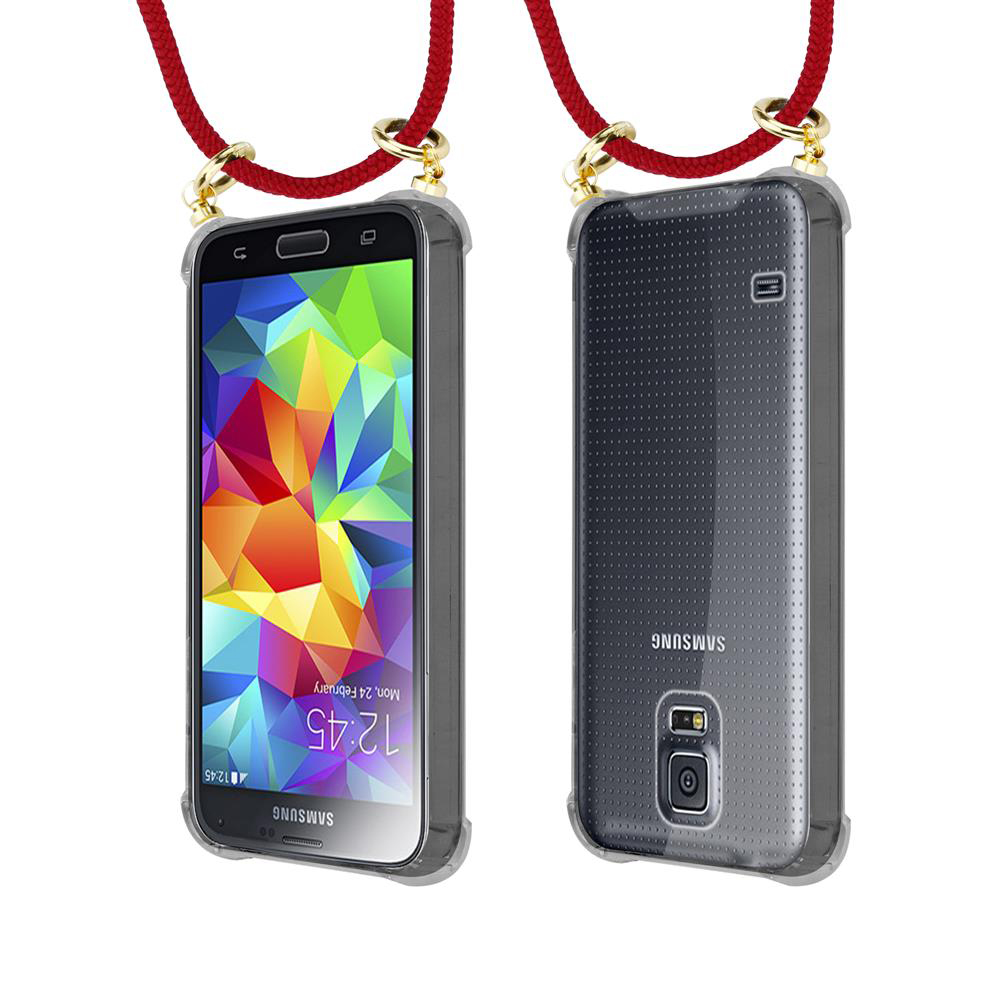 Uno smartphone con schermo colorato e cinturino rosso.