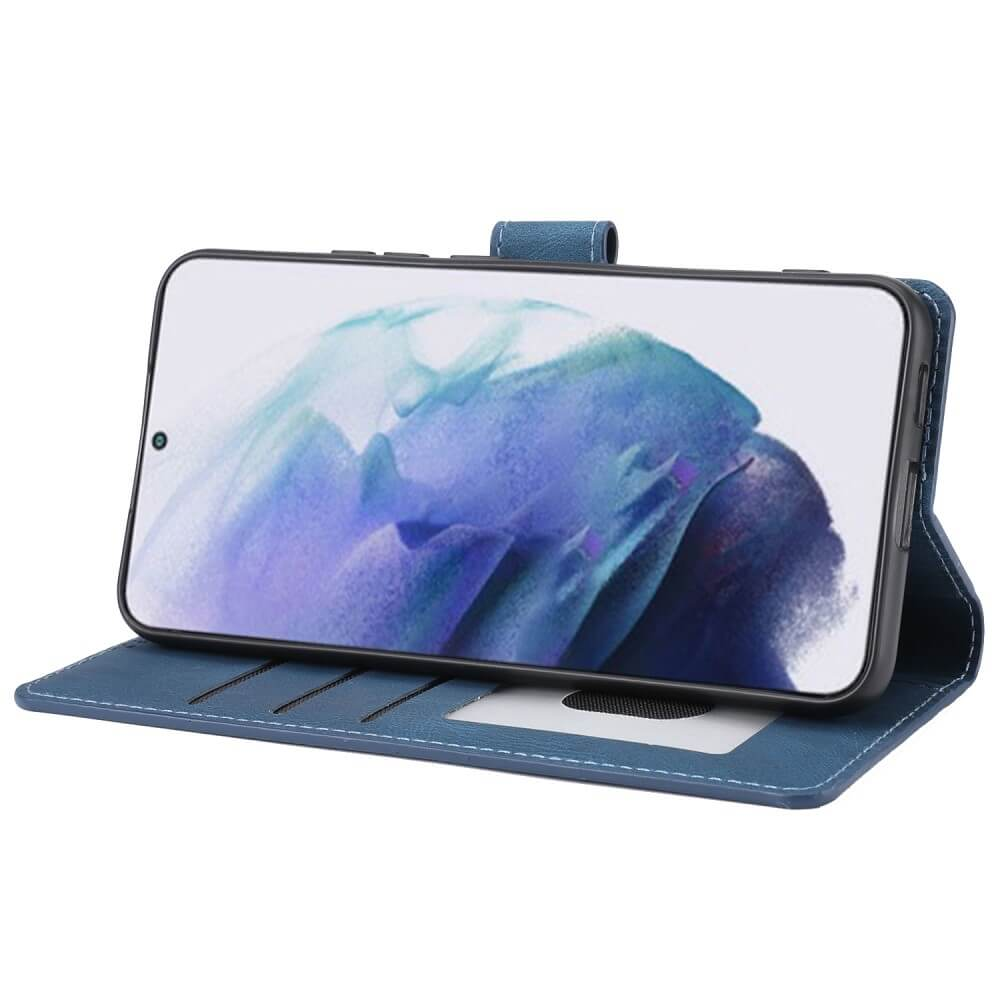 Ein blaues Handy-Flipcase mit einem Smartphone, das einen blauen Hintergrund anzeigt.