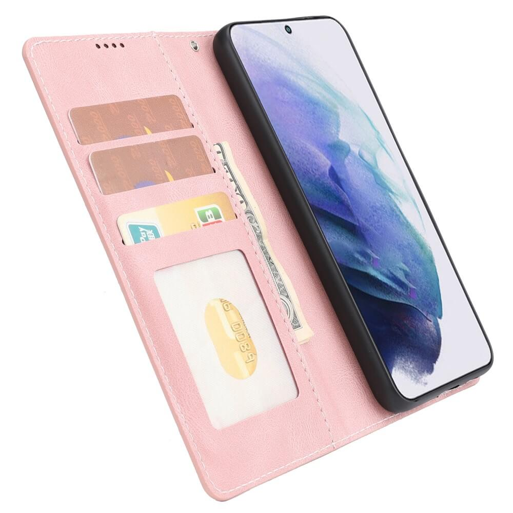 Ein rosa Handyhülle mit Kartenfächern und einem Handy darin.