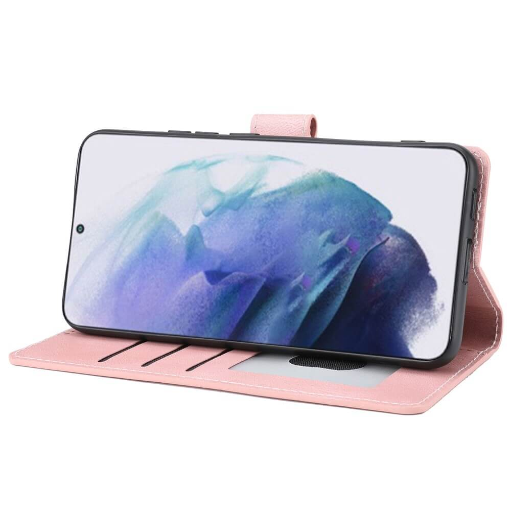 Ein rosafarbenes Handy-Flip-Case mit einem Smartphone, das einen abstrakten blauen und lila Hintergrund zeigt.