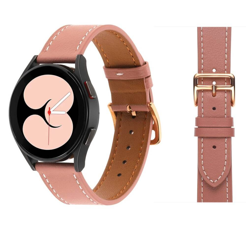 Une montre connectée ronde avec un bracelet en cuir rose et boucle dorée.