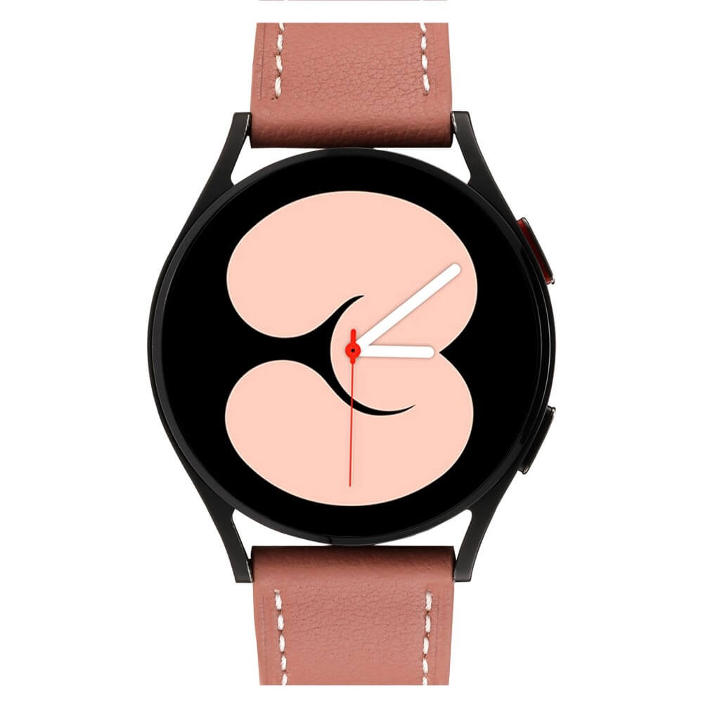 Une montre connectée noire avec un bracelet en cuir rose et un cadran.