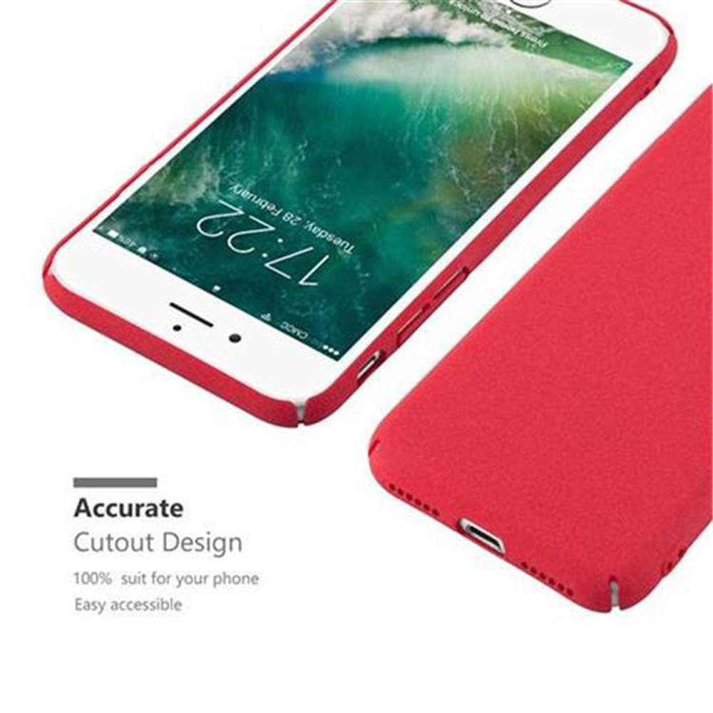 Viene mostrata una custodia rossa per telefono con un iPhone bianco che visualizza le 17:22.