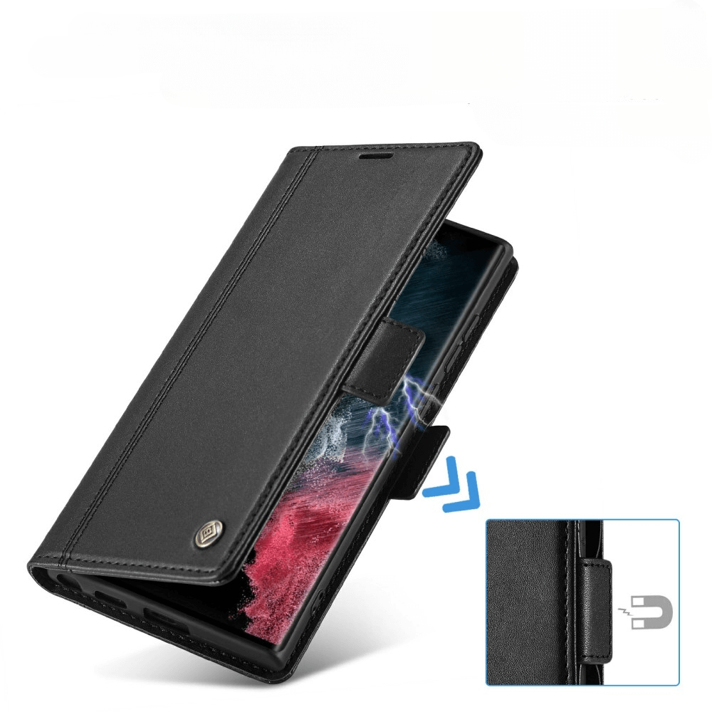 Schwarzes Leder-Handy-Etui mit Magnetverschluss und offenem Klappdeckel. Kleine Einlage zeigt Magnet-Symbol.