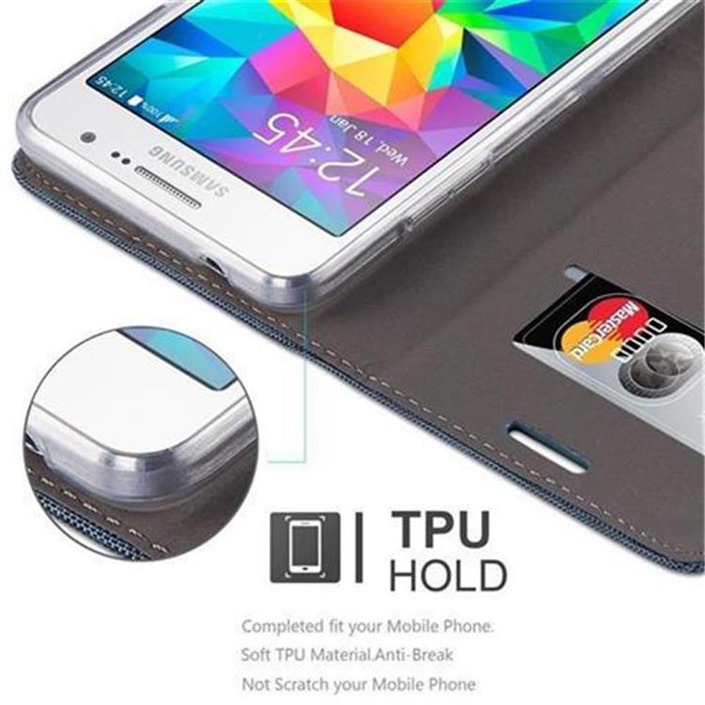 Uno smartphone Samsung con schermo colorato e MasterCard in custodia marrone.