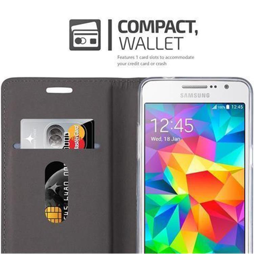Un portafoglio grigio con due fessure per carte e uno smartphone.