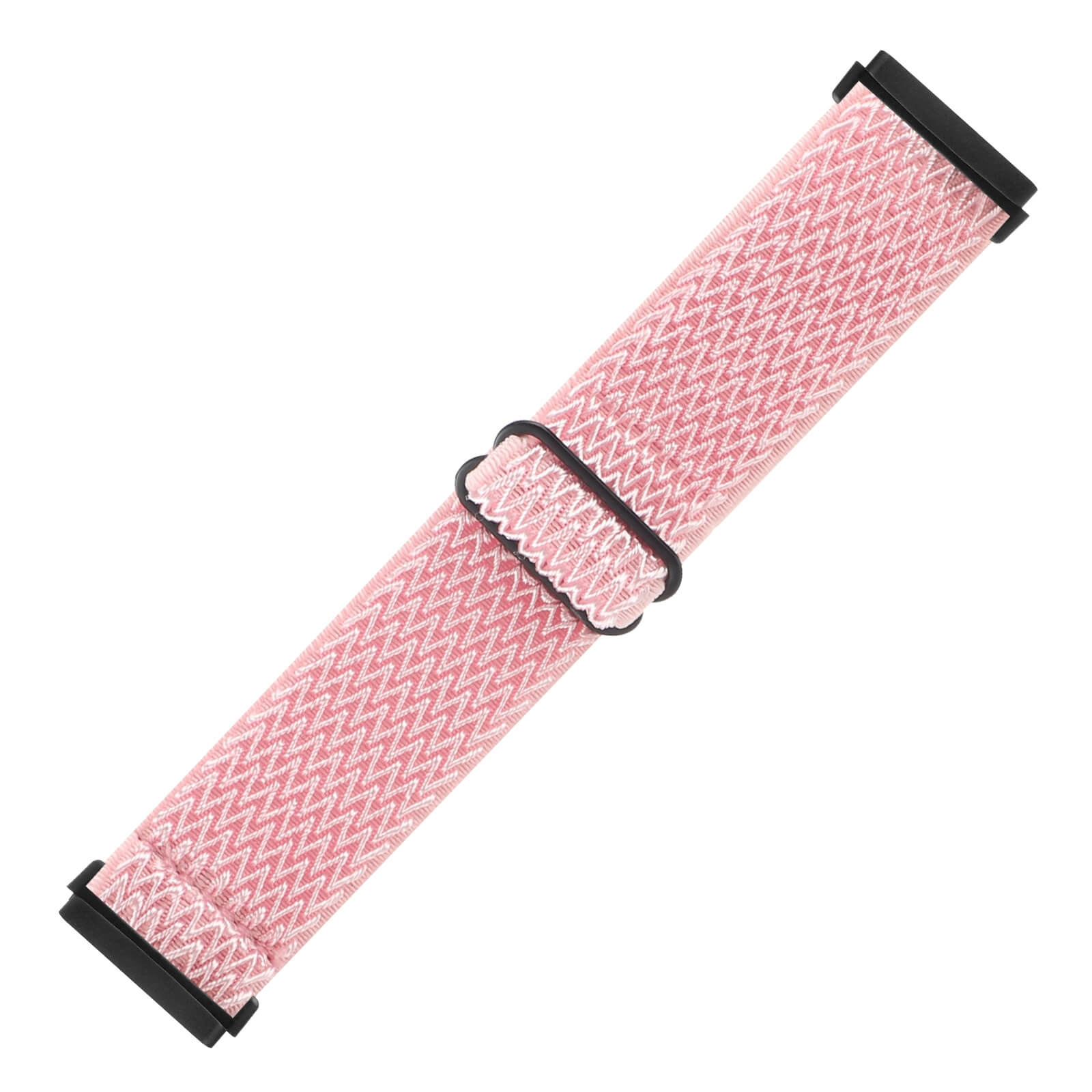 Un bracelet de montre en tissu rose à motif en zigzag et connecteurs noirs.