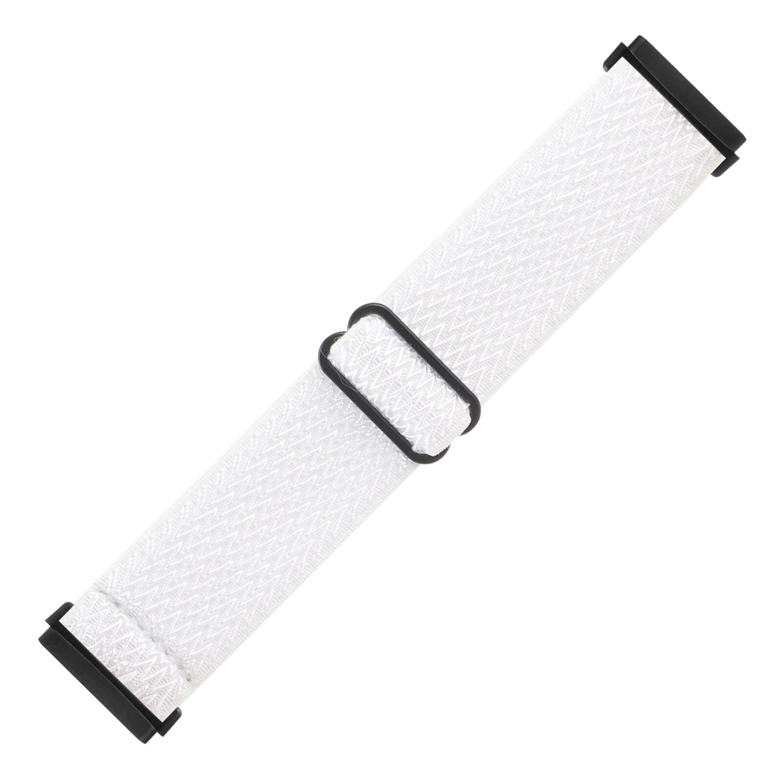 Bracelet textile blanc à motif zigzag et boucle noire sur fond blanc.