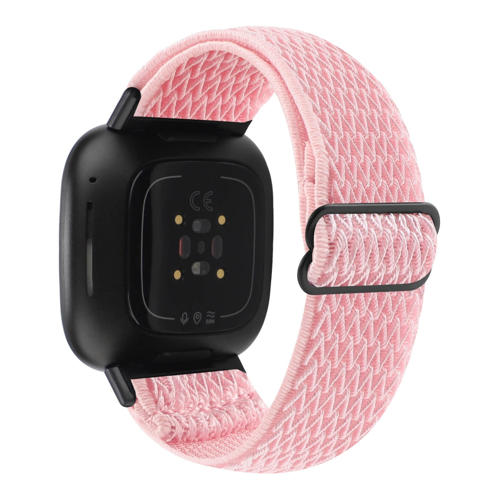 Boîtier de montre connectée noir avec bracelet tissé rose. Capteurs visibles au dos.