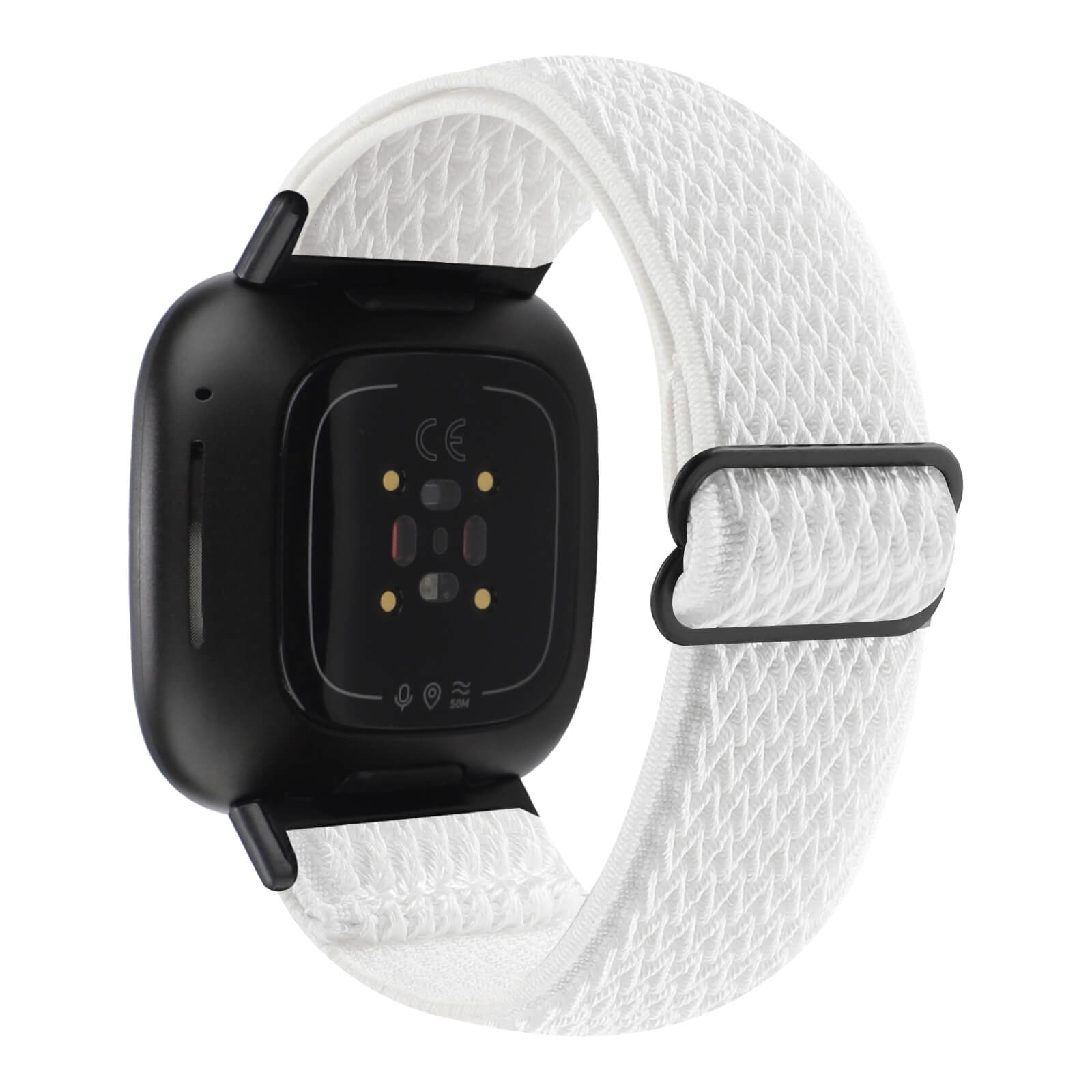 Arrière d'une montre connectée noire avec bracelet en tissu blanc, gros plan.