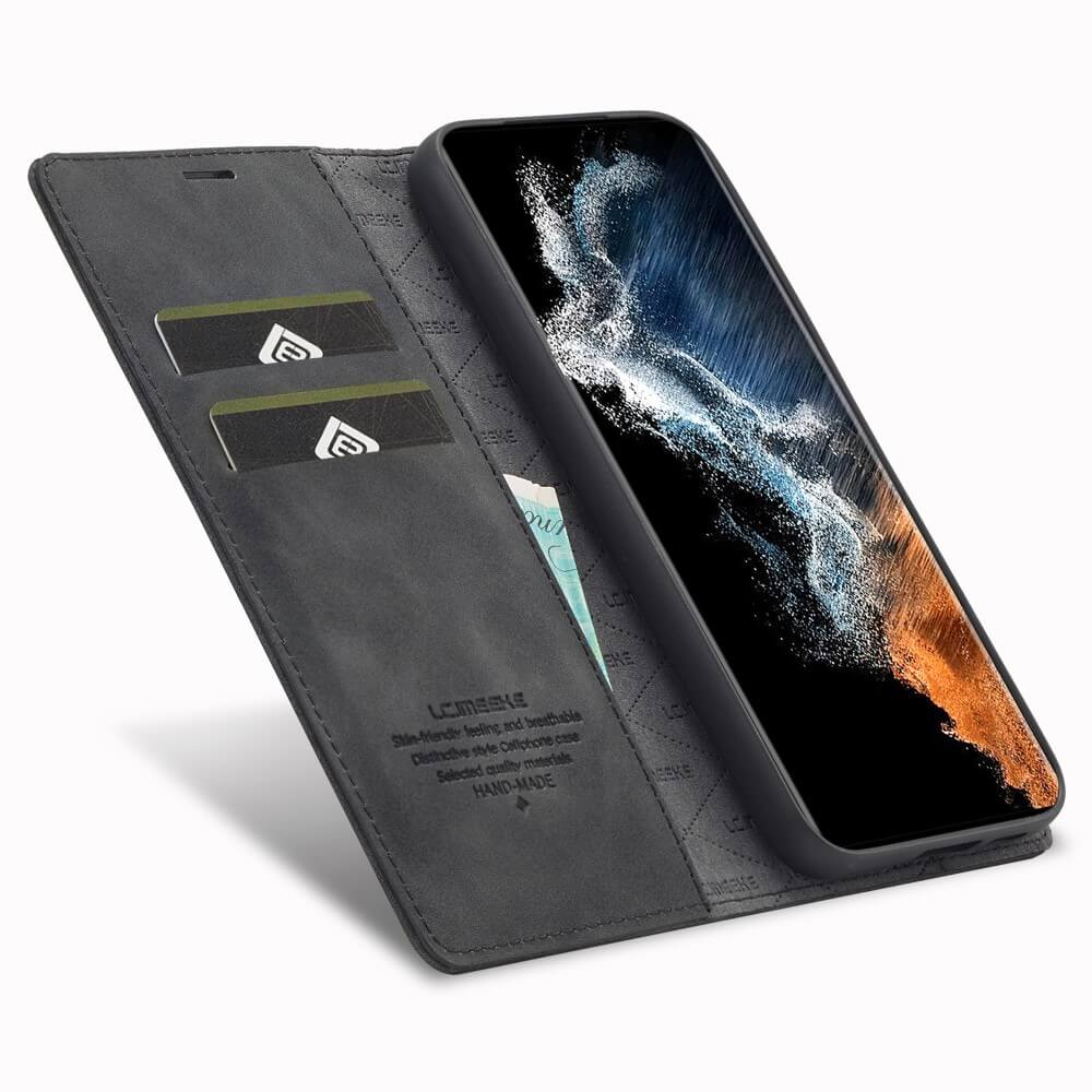Graues Handy-Klappcover mit zwei Kartenschlitzen und einem Smartphone.