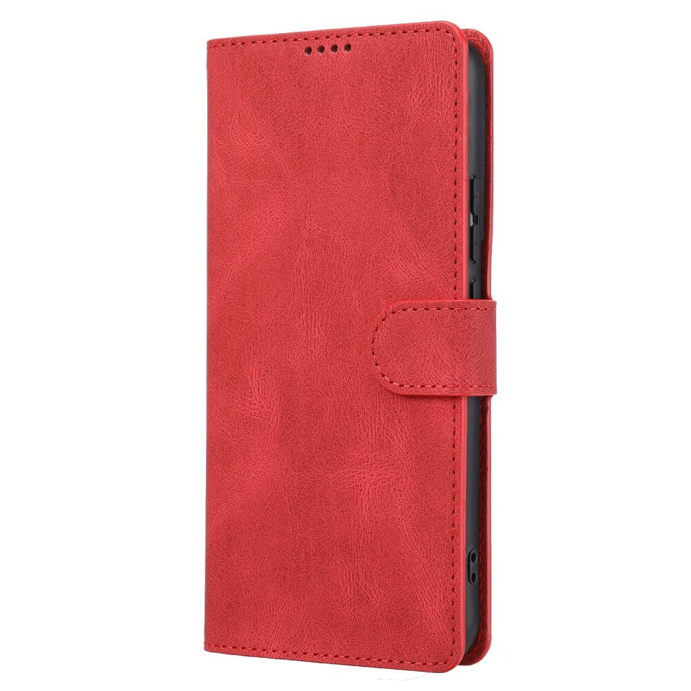 Custodia a libro rossa con cuciture e quattro punti in alto.
