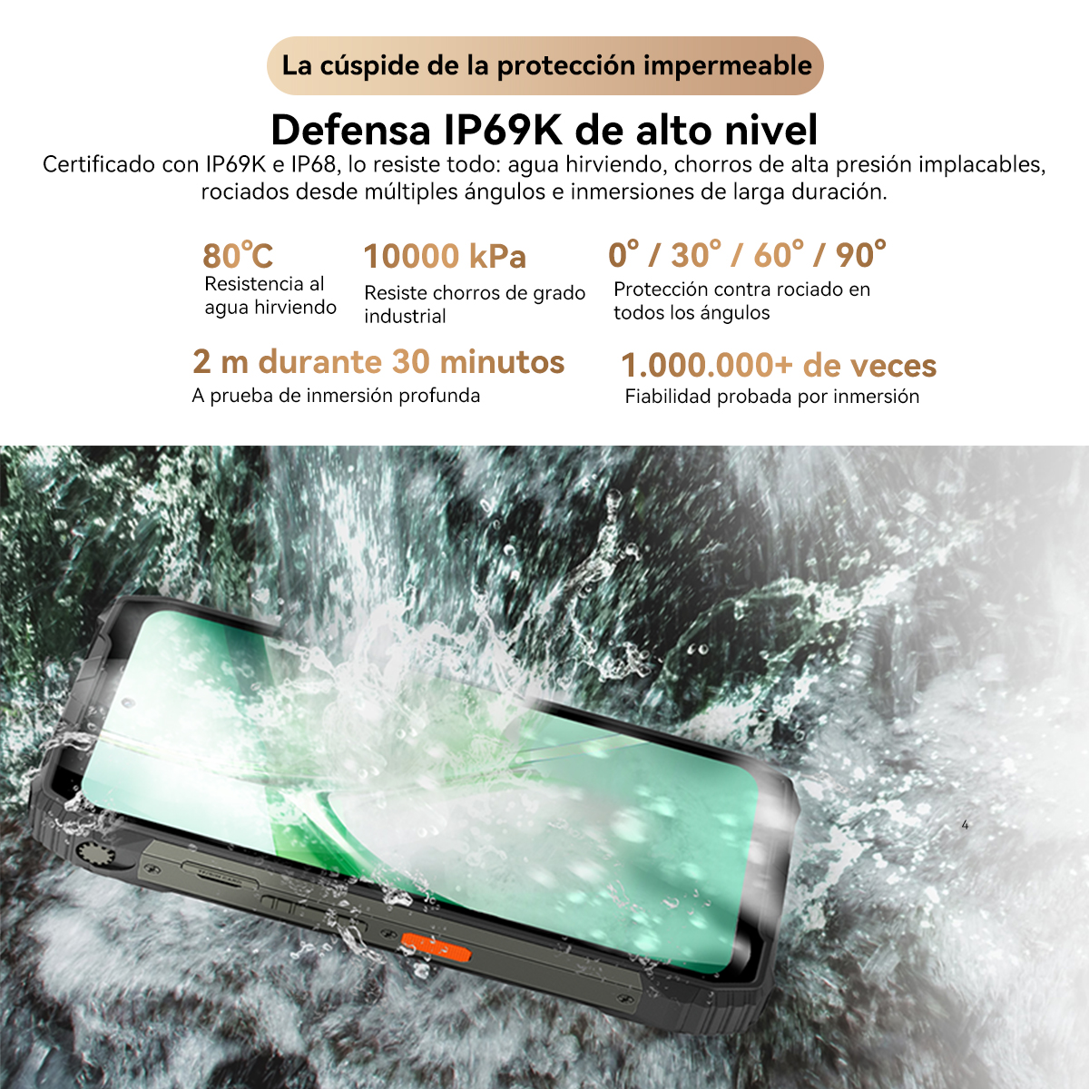 Smartphone robusto salpicado por agua. Protección IP69K.