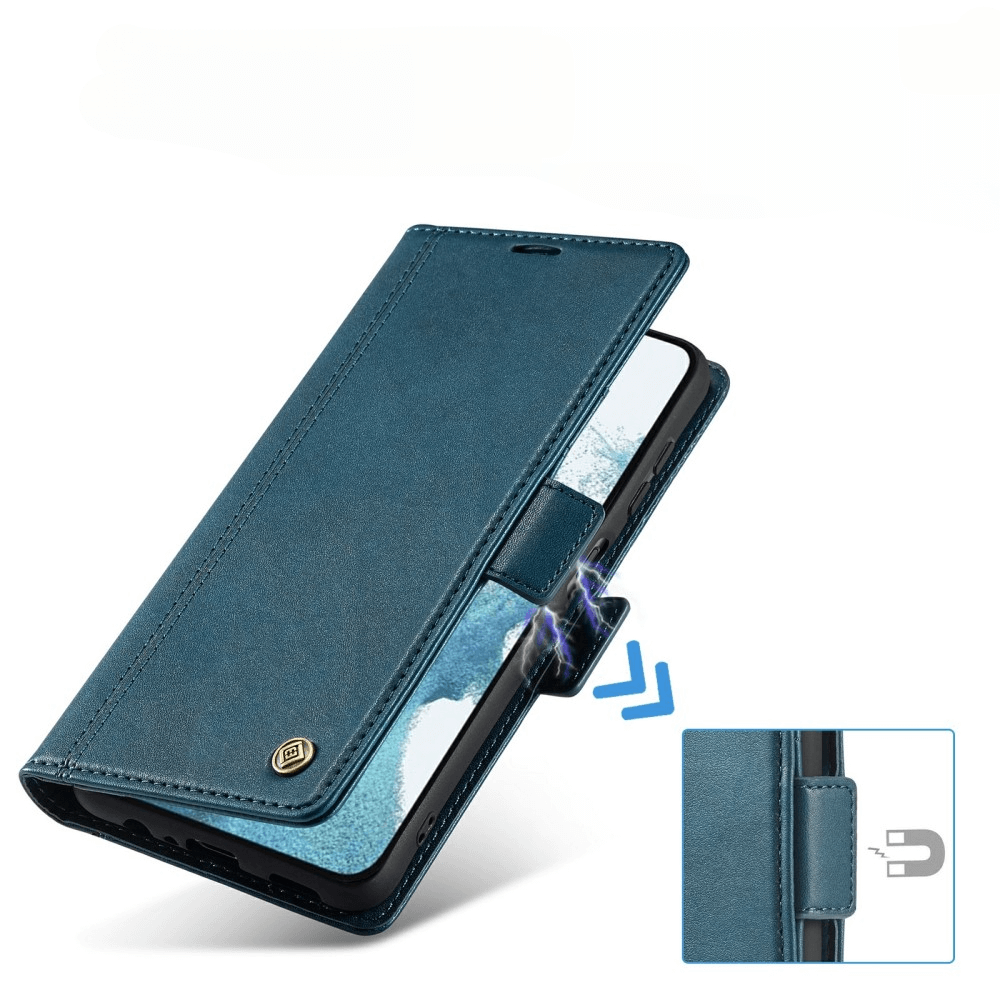 Ein blauer Leder-Flip-Handy-Hülle mit Magnetverschluss, geöffnet.