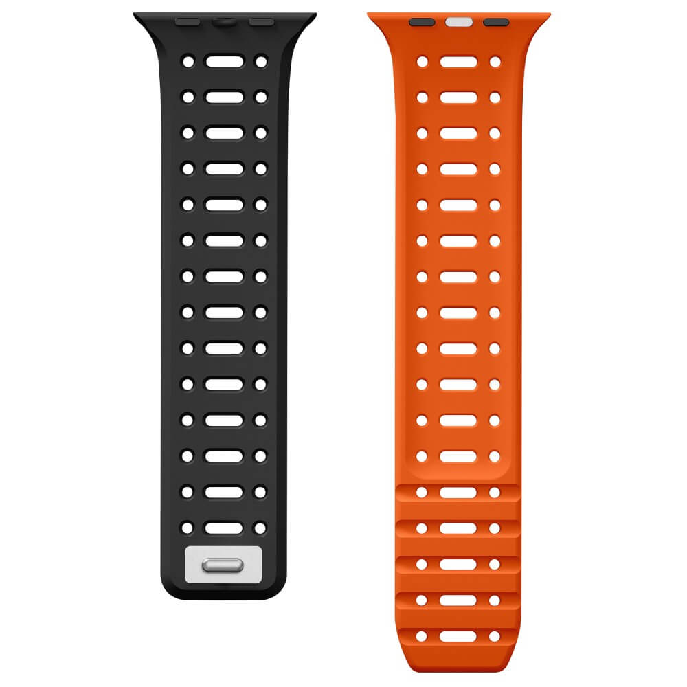 Deux bracelets de montre, un noir et un orange, avec de nombreux petits trous.