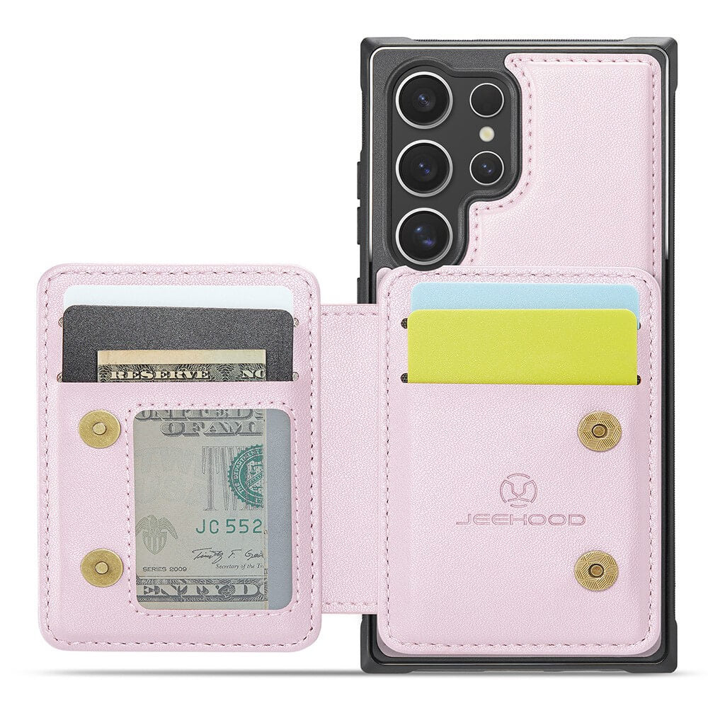 Ein rosa Leder-Handyhülle mit Kartenfächern und einem Handy mit drei Kameras.