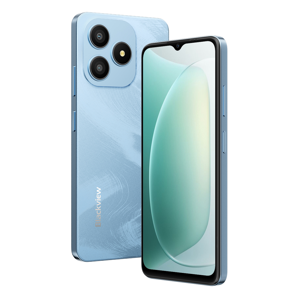 Uno smartphone azzurro con tre fotocamere posteriori e uno schermo.