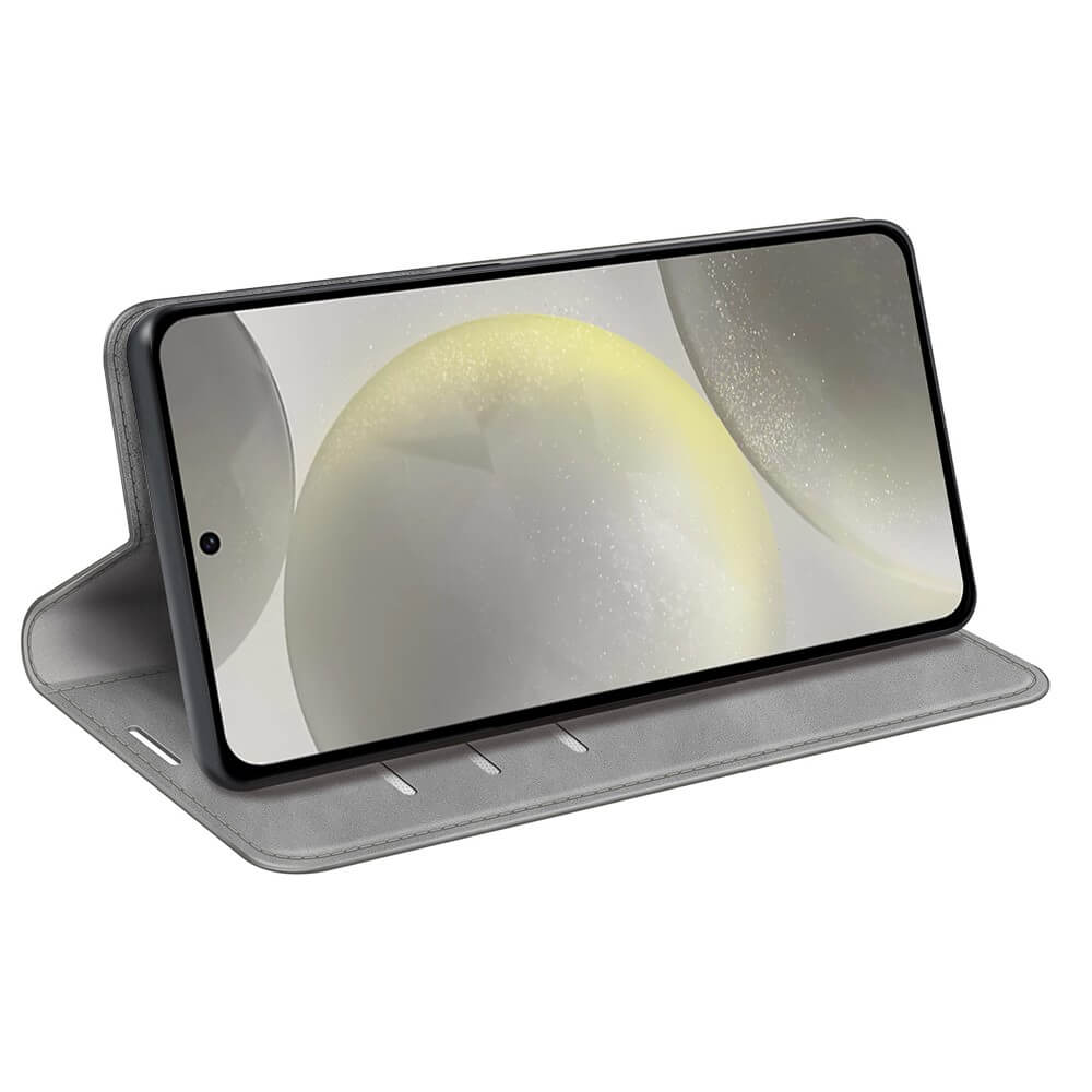 Graues Handy-Flipcase mit Smartphone, das einen abstrakten Hintergrund anzeigt.