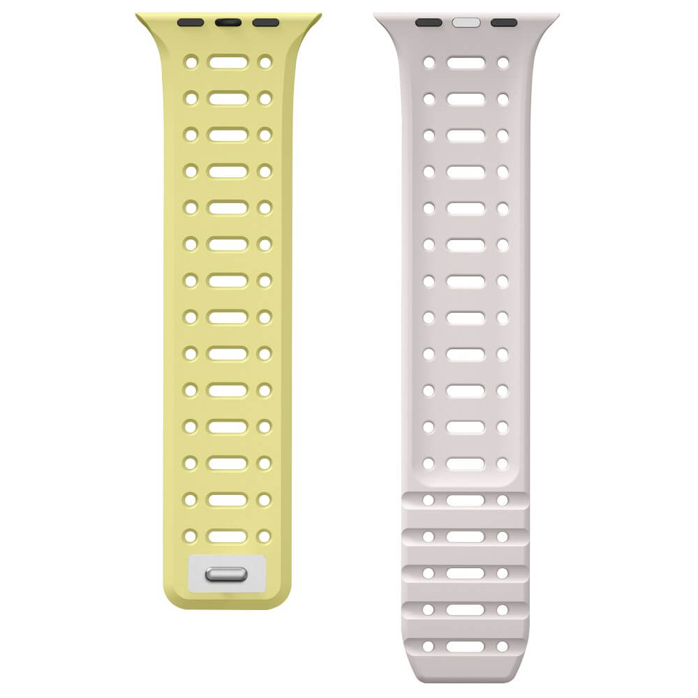 Deux bracelets de montre perforés, un jaune clair et un gris clair, sont affichés verticalement sur un fond blanc.