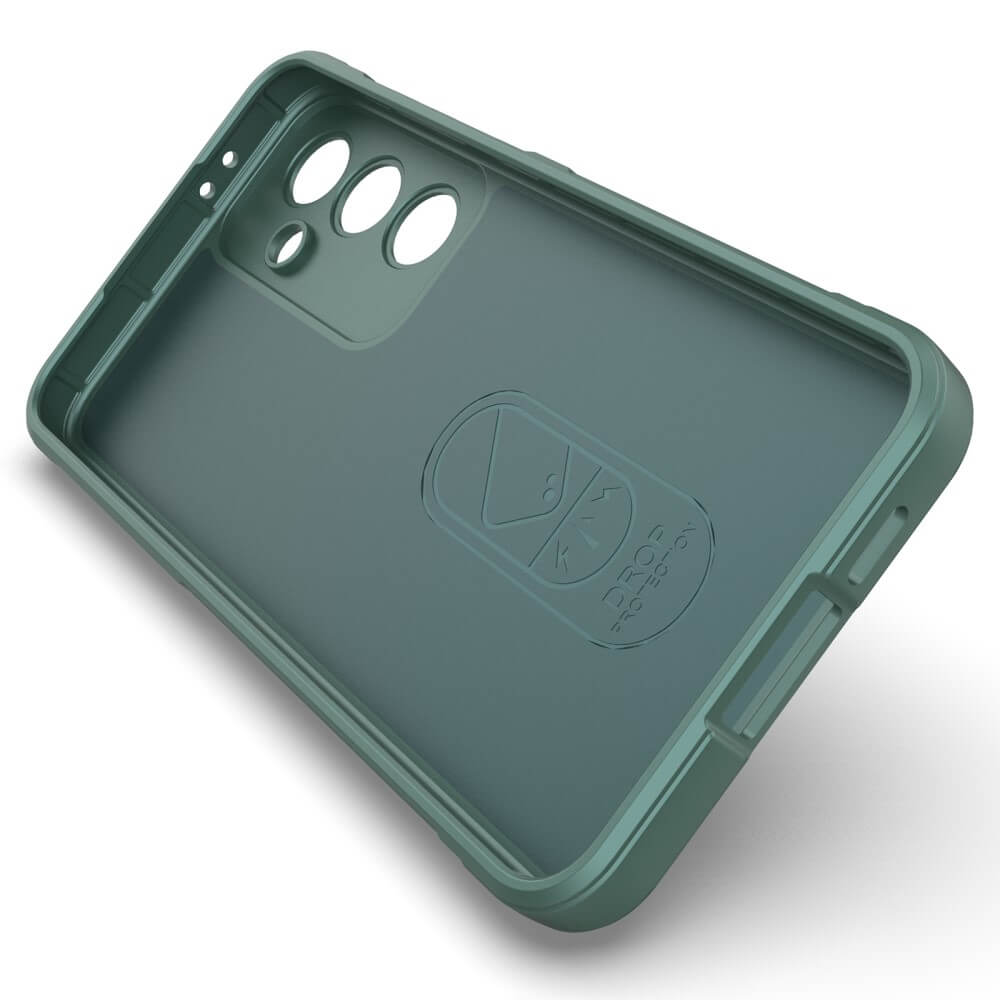 Grüne Handyhülle mit Kameraausschnitt und "Drop Protection" Logo.