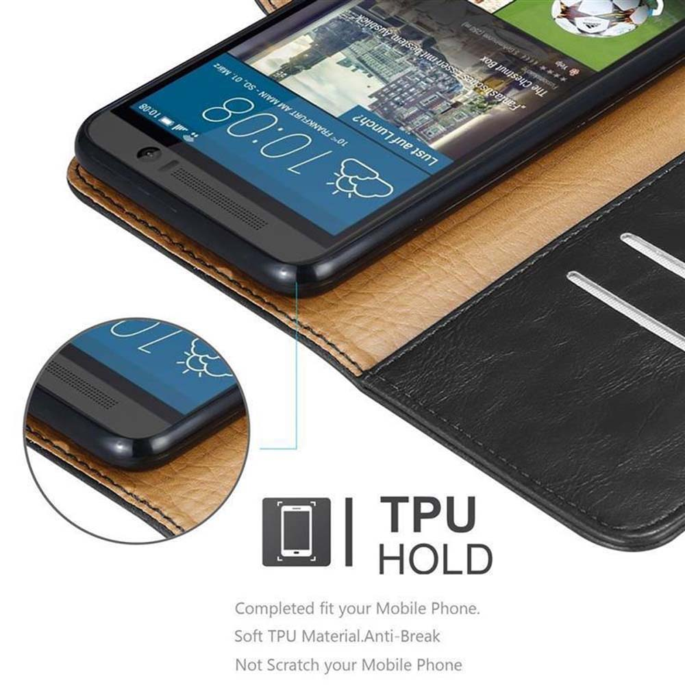 Custodia in pelle marrone con porta telefono nero. Mostra schermo smartphone.