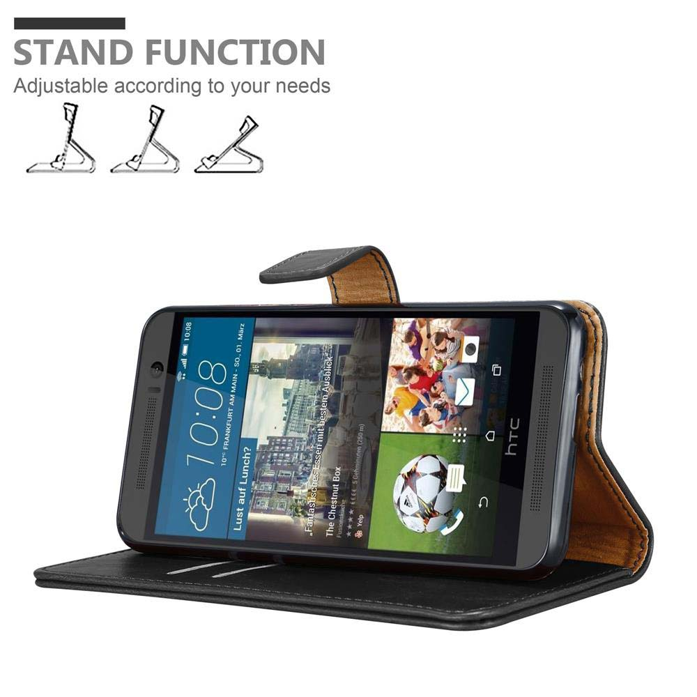 Uno smartphone in una custodia nera con accento in pelle marrone, che mostra una funzione di supporto.