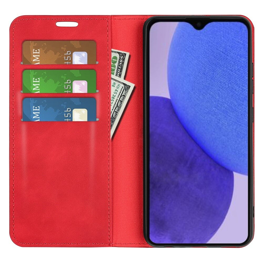 Rote Handyhülle mit Steckplätzen für Karten und Geldscheine, Smartphone-Display sichtbar.
