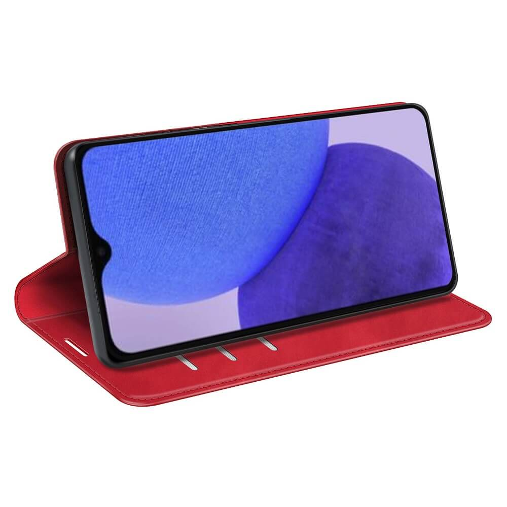 Rotes Smartphone-Etui mit offenem Klappdeckel, das ein Smartphone mit blauem Hintergrund zeigt.