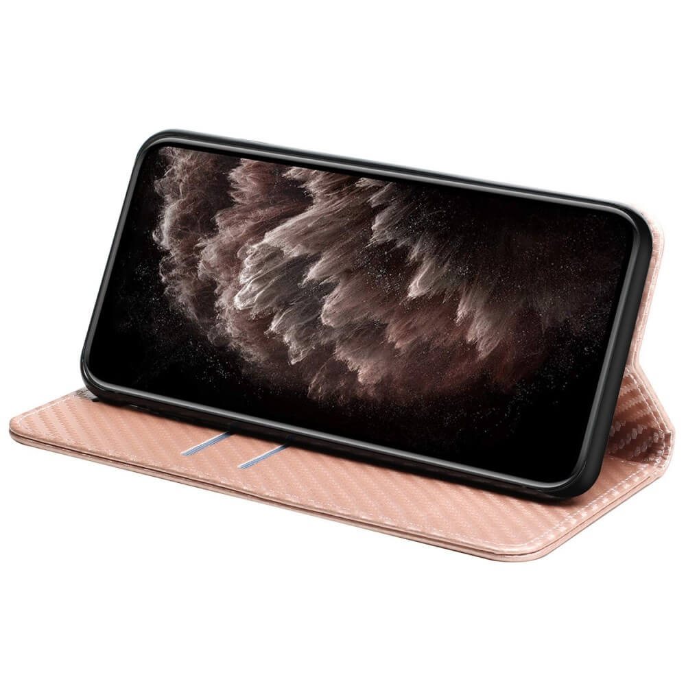 Una custodia per telefono rosa oro con un telefono. Lo schermo mostra un'immagine astratta.